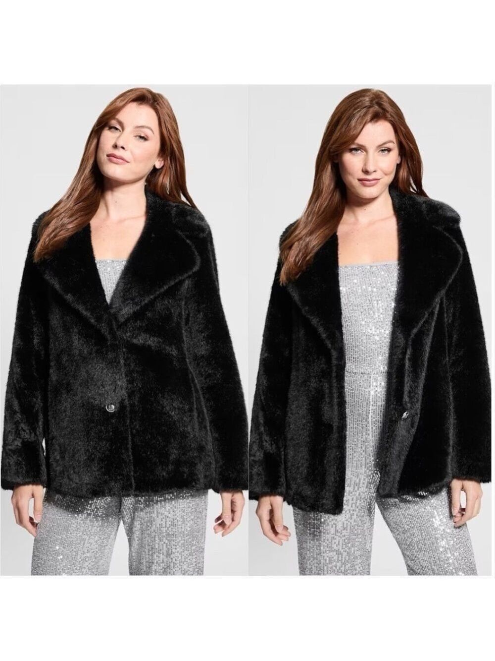 GUESS Women's Filomena Faux-Fur Jacket Black Cozy Medium